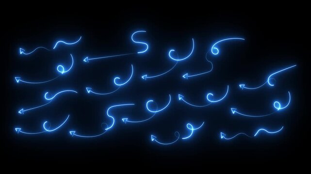 glowing neon line arrows set. Set of curved dotted line arrow. Hand drawn line doodle arrow, curve arrow icon an set. Squiggly dotted arrow, curved line arrow animation on black background.