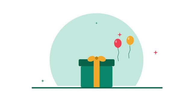 Animated illustration of a green gift box with an orange ribbon opening to reveal a red heart, confetti, and balloons, then closing. Perfect for concepts of surprise, holidays, or special occasions.