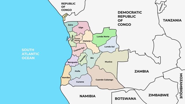 Angola map with provinces and administrative divisions, Southern Africa regional boundaries animation
