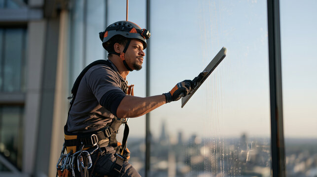 Nigerian-British window cleaning operative suspended in rope-access rig outside high-rise glass facade, squeegee blade pulled diagonally, soapy streaks cleared to reveal clear