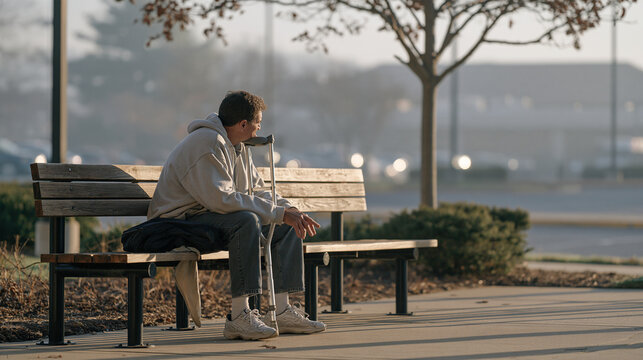 cardiology patient in early morning mist, a middle aged man finally relaxing on a bench outside a recovery center after completing a long rehabilitation task, one hand reaching