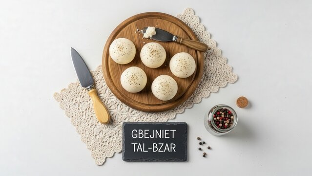 Minimalist flat lay of traditional Maltese Ġbejniet tal-Bżar peppered cheeselets on a rustic wooden board with a chalkboard, antique cheese knife, lace doily, and peppercorns.