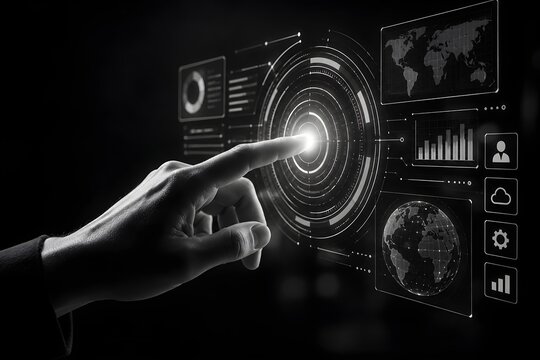 Hand touching a futuristic digital screen interface with data analytics, world map, and modern technology graphics