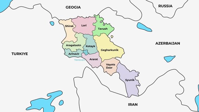 Armenia map with provinces and administrative regions, Caucasus country boundaries animation on white background