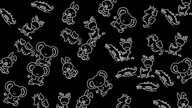 Cute cartoon animal outline pattern with koala rabbit alligator on black background