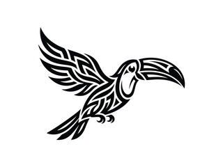 Fototapeta premium Toucan bird tribal tattoo design in flight during daytime isolated on white background