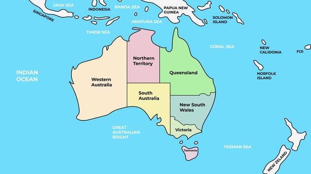 Australia map with states and mainland territories, Oceania continent borders animation on white background