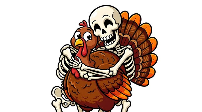 Cartoon human skeleton character hugging a festive thanksgiving turkey with white background