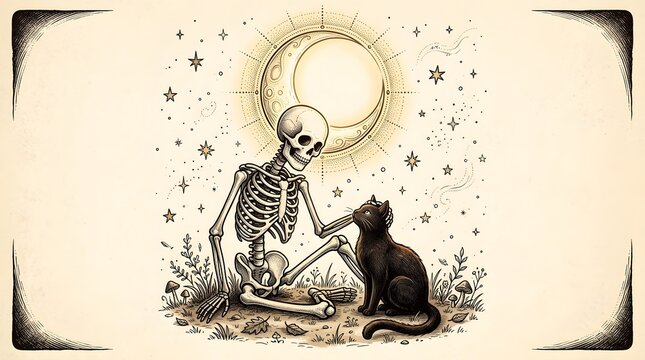 Vintage style ink drawing of a skeleton and a black cat with dark art crescent moon night sky