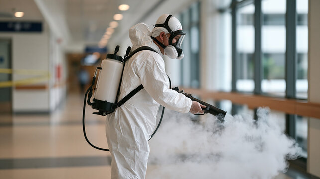 Biohazard remediation specialist in full Tyvek suit and respirator sanitizing hospital corridor after incident, yellow hazard tape, antimicrobial fogging machine trailing