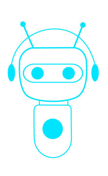 Bright cyan outline icon of a friendly robot head with antennae, round eyes, side ears, and a simple body on a transparent background.