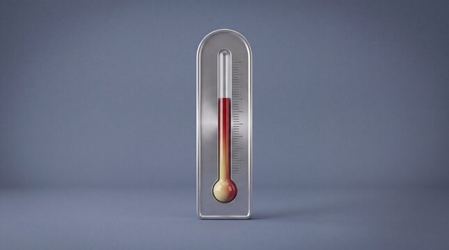 3D thermometer gauge render, vertical temperature indicator visualization, rising heat level concept, critical threshold meter UI, minimal measurement tube design, red zone warning