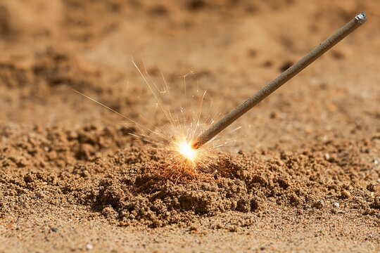 Close up of a burning sparkler stick planted in sandy ground emitting sparks and glowing light