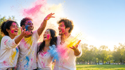 Obraz premium Holi 2027 friends throwing colorful powder in a sunny park