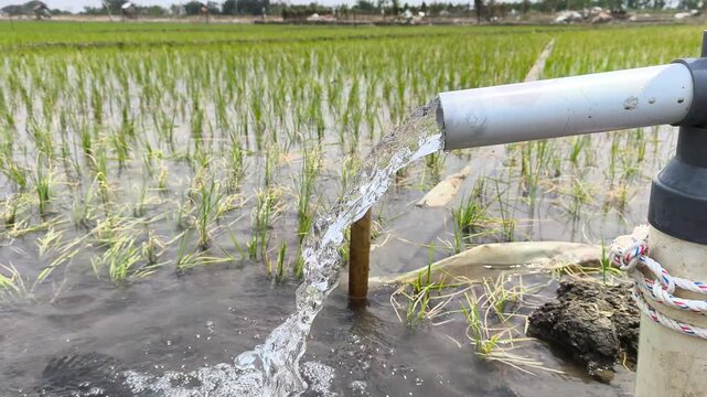 Water flows from a PVC pipe to irrigate green rice fields using an electric pump, ensuring proper farmland supply, healthy crop growth, and efficient agricultural irrigation under sunny sky.