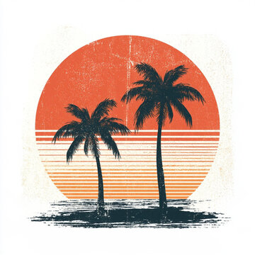 Retro Sunset Design with Palm Trees in Vintage Style for Print on Demand Products
