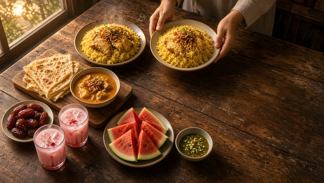 Iftar Thai food spread with chicken biryani and roti at sunset