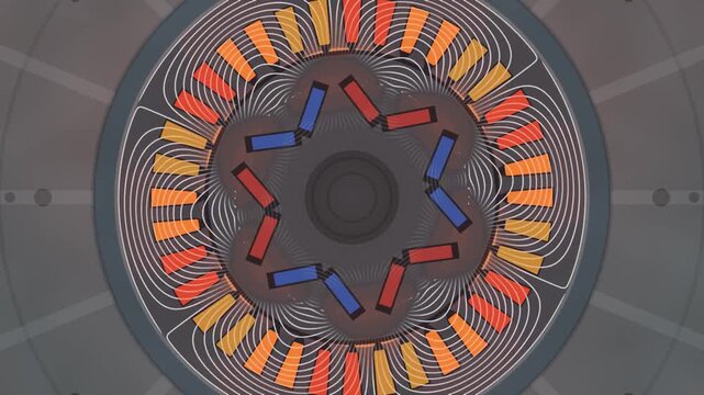 EV Traction Motor Cross Section With Three Phase Rotating Field and Flux Density Contours, Seamless Loop in cool blue tones