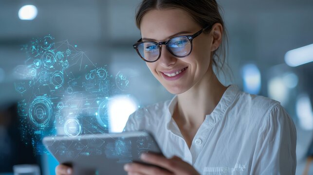 Smile woman tapping on a tablet with holographic fashion design previews