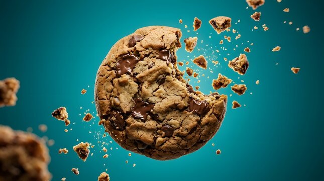 Floating chocolate chip cookie with bite taken out and flying crumbs on teal turquoise background.