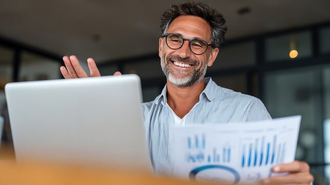 smiling consultant presenting analysis on laptop
