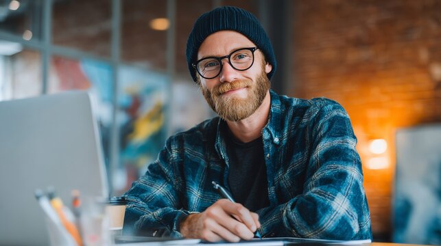 smiling freelancer designing on laptop with tablet beside