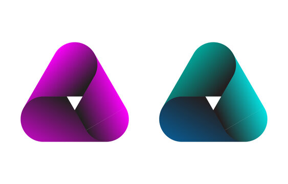 Two abstract vector logos shown side by side, one in purple magenta gradient and the other in teal blue gradient, both featuring stylized triangular shapes with rounded corners and a white triangular