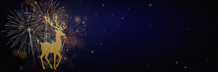 Christmas and New Year banner with golden reindeer silhouette, golden and silver fireworks, snowflakes and warm bokeh on dark navy blue night background with large empty copy space for greetings © ale studio 