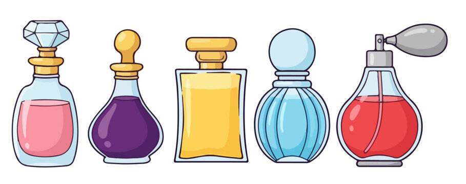 Elegant Luxury Perfume Bottles Collection with Vintage Glass Atomizers Ribbon Bows and Crystal Caps Vector Cartoon Clip Art Isolated on White