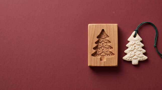Christmas cookie stamp and gingerbread tree on red background