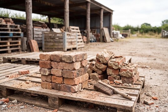 Bricks and broken rubble on wooden pallets at construction yard