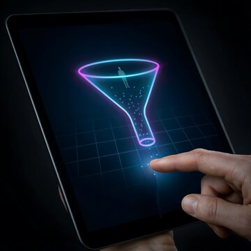Finger touching digital funnel icon on tablet screen