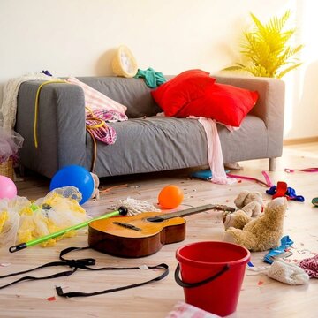Untidy living room environment with various items scattered across the floor surface including a guitar toys and red bucket indicating a busy domestic household lifestyle after a chaotic event