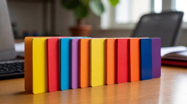colorful wooden blocks on office desk domino effect concept illustration