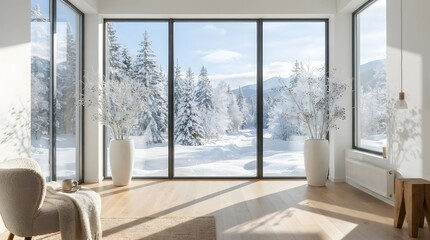 Fototapeta premium Modern living room with large floortoceiling windows overlooking a beautiful snowy winter forest landscape