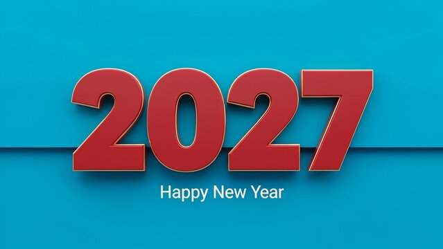Bold red 2027 numbers with elegant gold trim against bright blue background creating festive celebration card design for holiday greetings