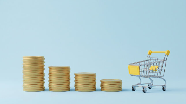 Coins stacked decrease beside shopping cart. Finance investment recession crisis. money budget saving expense, value reduction down decayed, risk loss