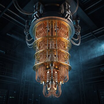 Golden quantum computer cryostat with copper tubes in dark lab