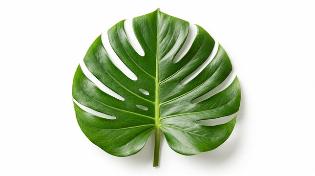 Single green monstera leaf isolated on white background for tropical