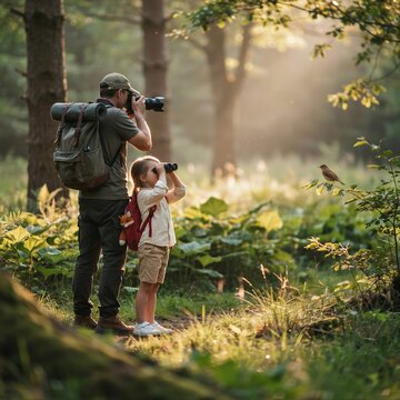 Dedicated father photographing wildlife while his curious young child watches a small bird through binoculars during their peaceful morning hiking adventure together in woodland