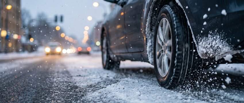 Car driving on the first snow on summer tires, time to change to winter tires, winter driving safety photo
