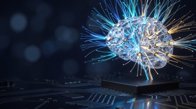 Glass human brain model with glowing fiber optic cables on computer microchip representing artificial intelligence
