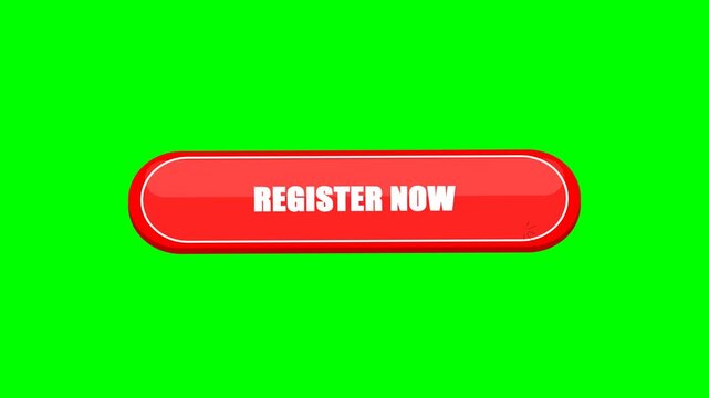 Premium Register Now CTA button with tactile hand cursor click confirmation, compression mechanics, and burst click-lines on green screen.