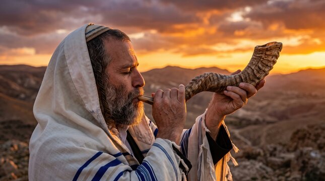 Jewish man in tallit blowing shofar horn outdoors at sunset Rosh Hashanah and Yom Kippur concept