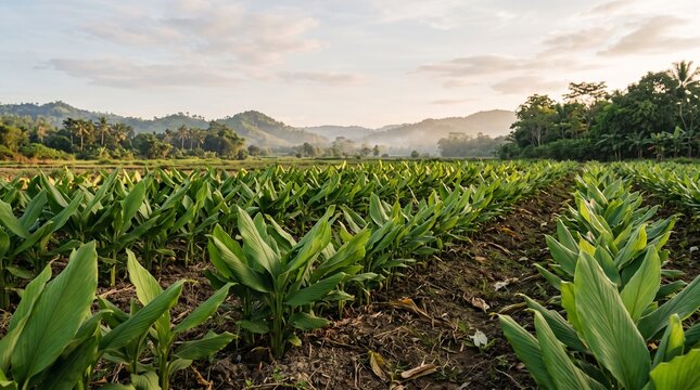 Productive turmeric farm landscape with healthy crop rows and natural farmland, created for ESG reports, food security campaigns, spice industry marketing and corporate sustainability.