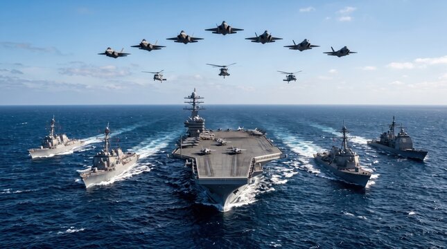 Aircraft carrier strike group sailing in ocean with fighter jets and helicopters flying above
