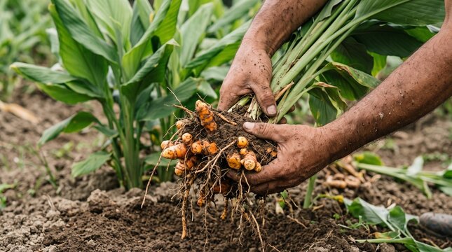 Fresh turmeric rhizomes being harvested from fertile soil, illustrating spice production, agricultural labor, food sourcing and commercial farming for business and editorial use.