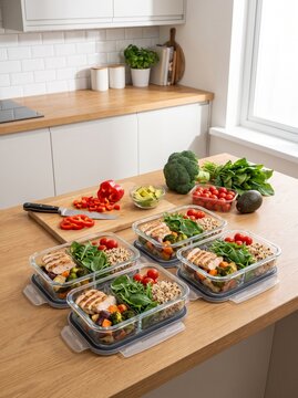 Healthy meal prep with balanced homemade meals arranged in reusable containers for several days, representing nutrition, meal planning and a healthy lifestyle.