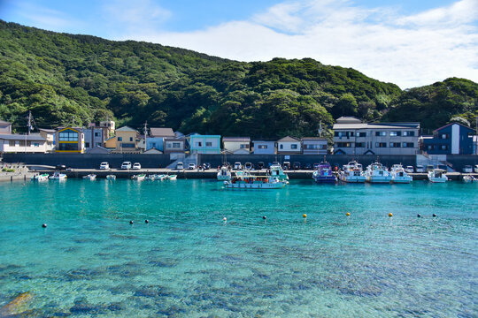 陽光に煌めく透き通った海と豊かな緑の山々に囲まれた柏島の港