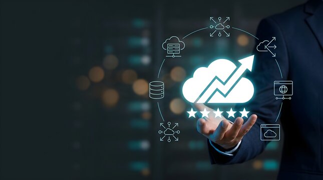 Business professional interacting with digital cloud computing growth